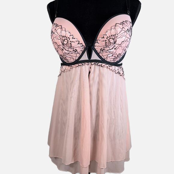 Auden Large Rose Push Up Babydoll Lingerie Coquette Pink Black Lace Underwire - Picture 7 of 14